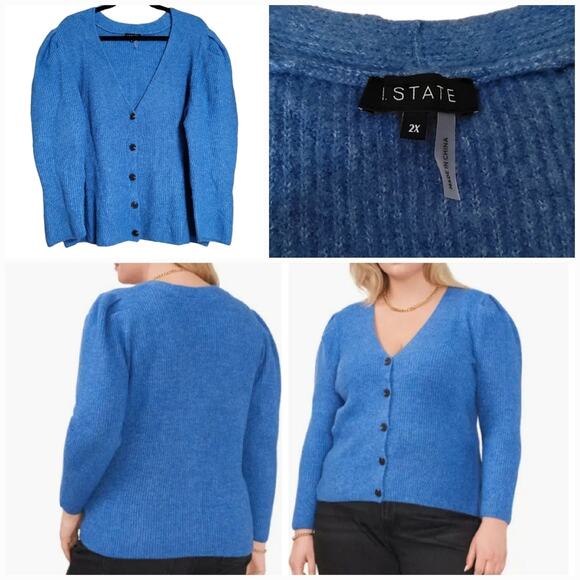 1. STATE Blue Button-Down V-Neckline Puff Sleeve Soft Cardigan 2X - Picture 8 of 9